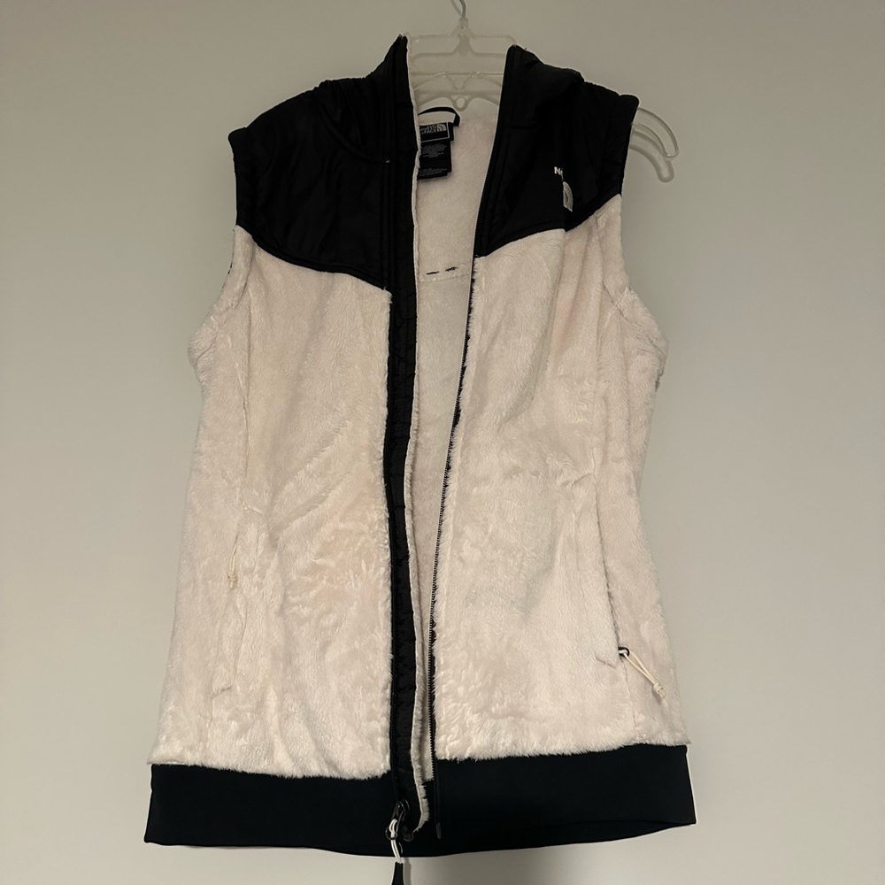 The North Face Furry Vest w/Hood Women's Small Ivory Black Full Zip Vest